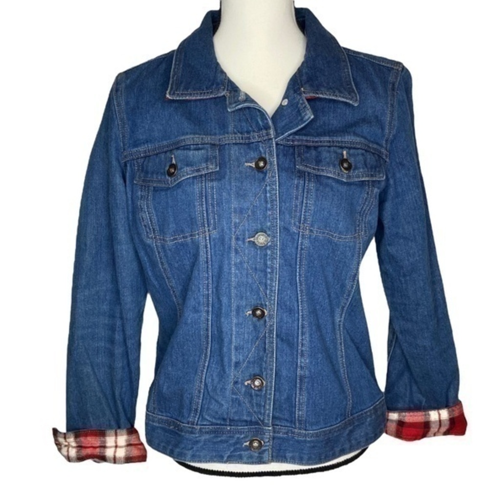 Christopher & Banks‎ Jacket Stretch Denim Jean Button Up Plaid Cuff and Collar